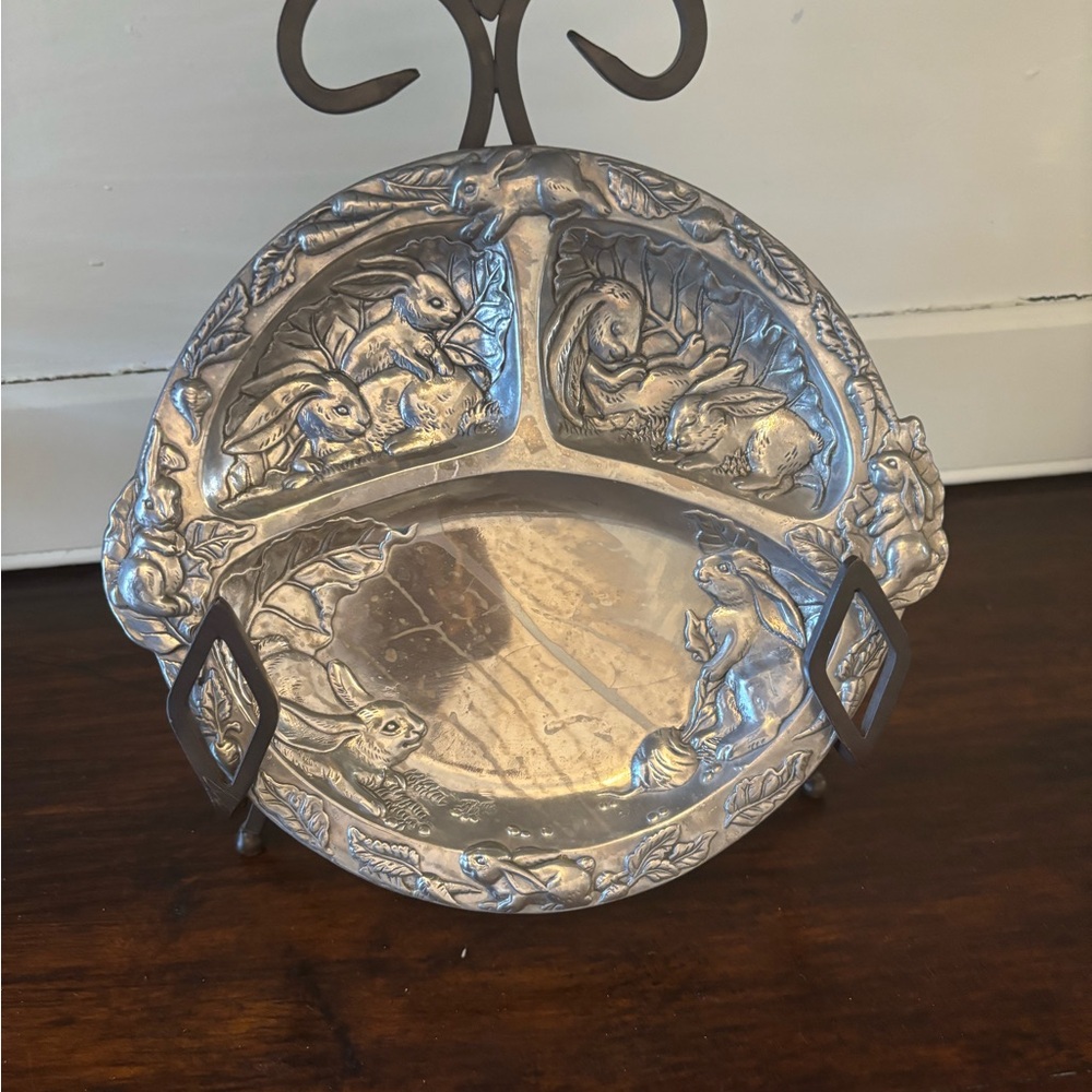 Vintage 1997 Bunny Three Part Divided Aluminum Alloy Plate by Arthur Court
